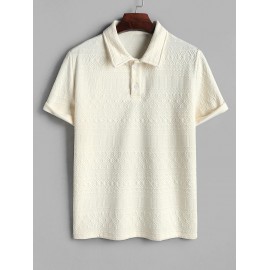 Geometric Jacquard Textured Quarter Button Polo Collared Short Sleeves T Shirt