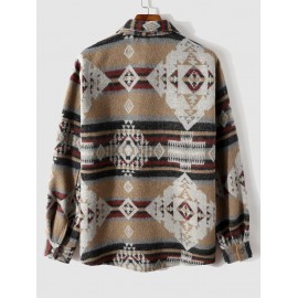 Men's Vintage Ethnic Aztec Geometric Print Pocket Design Woolen Shacket Jacket